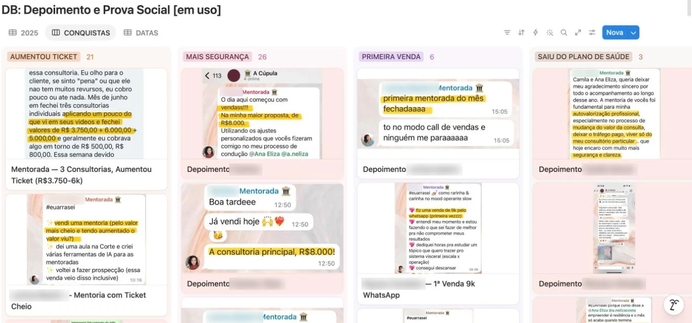Database de depoimentos no Notion em colunas por conquista: Aumentou ticket, Mais segurança, Primeira venda e Saiu do plano de saúde, com os prints em cartões